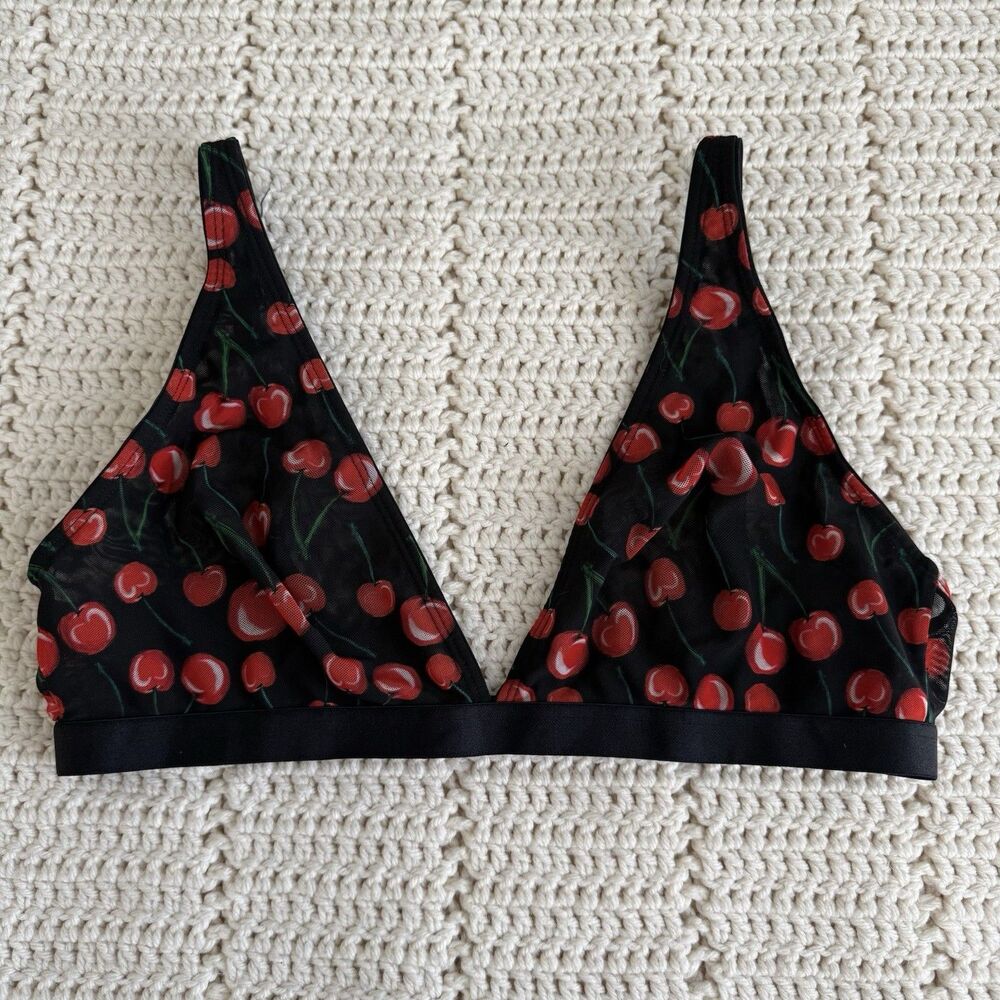Parade Women’s M Plunge Triangle Bralette Wireless Cherries Mesh Cherry Print